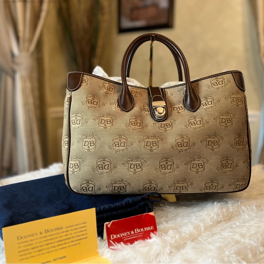 New Dooney & Bourke Signature Canvas Double Leather Handle Tote Bag
